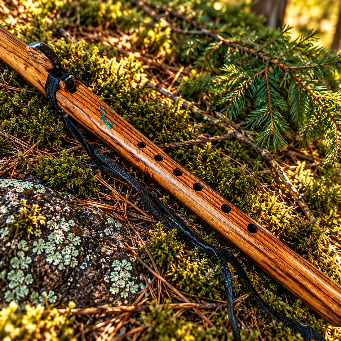 Full view of teak hawk single flute on mossy forest background