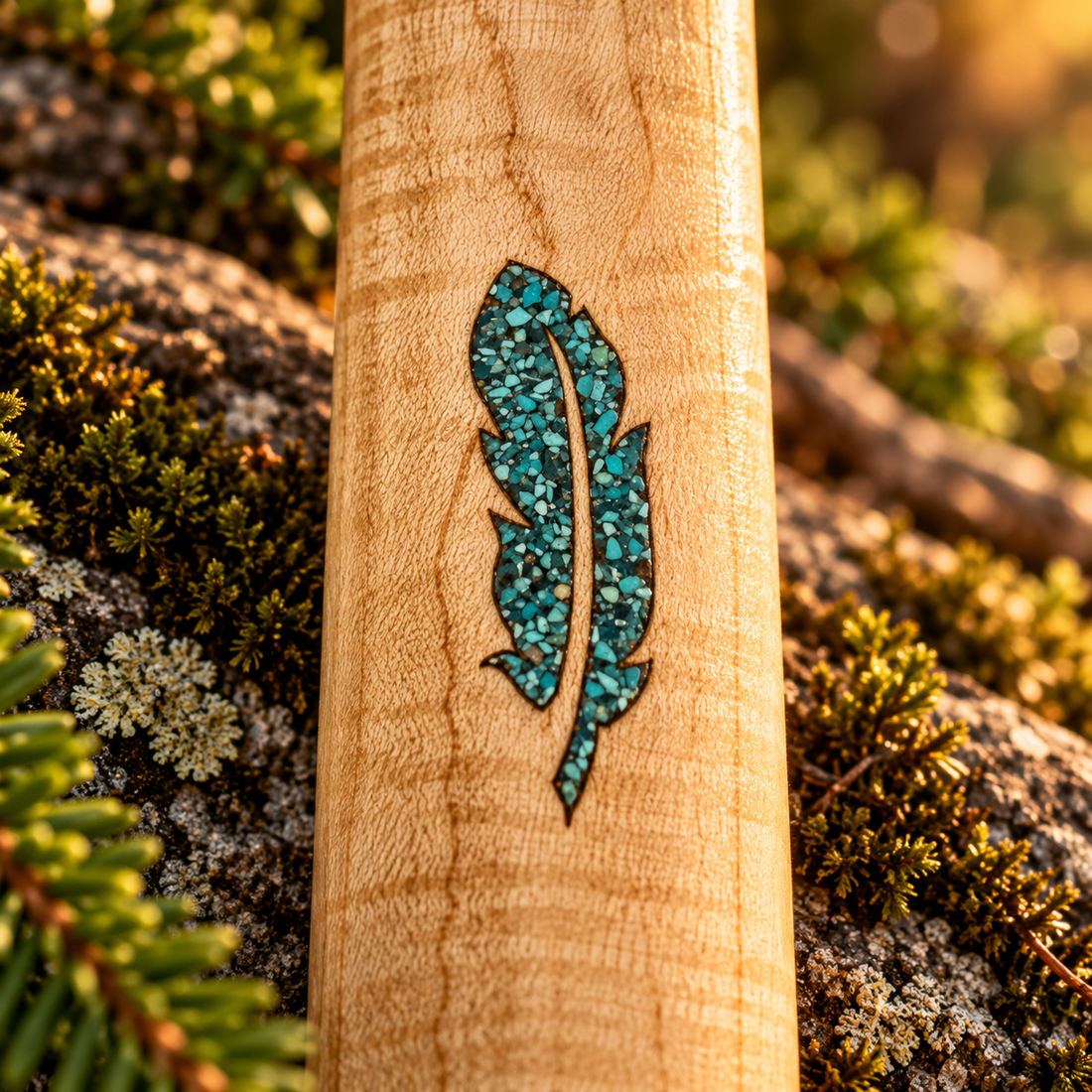 Turquoise feather inlay on figured maple flute