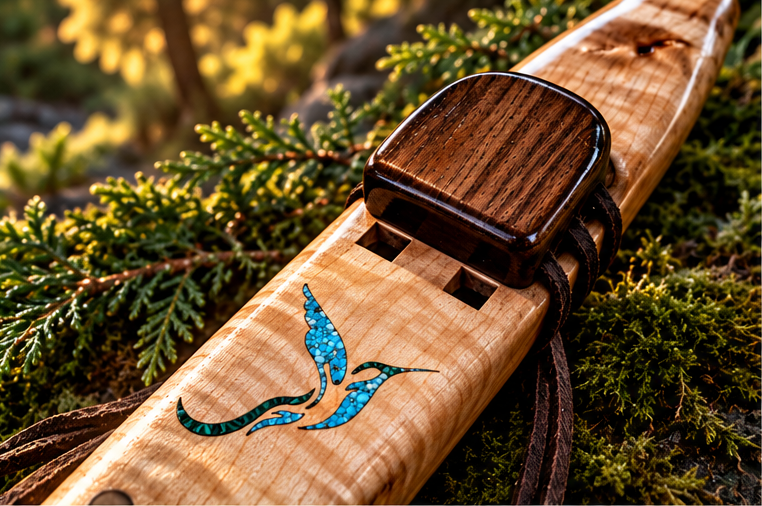 Maple hummingbird drone flute in woodland setting, view 1