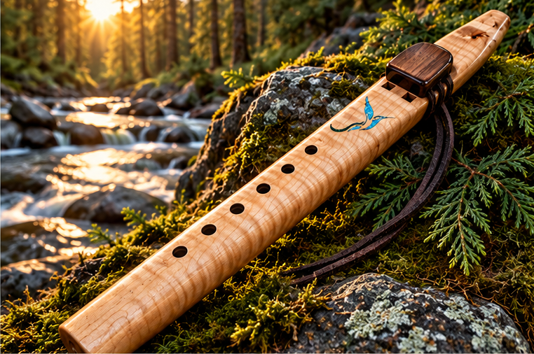 Maple hummingbird drone flute in woodland setting, view 2