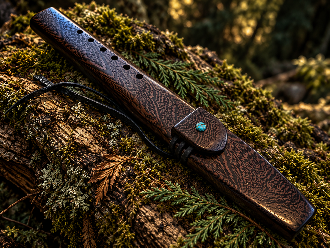 Wenge drone flute with turquoise inlay on a mossy forest log; example of handcrafted made-to-order design