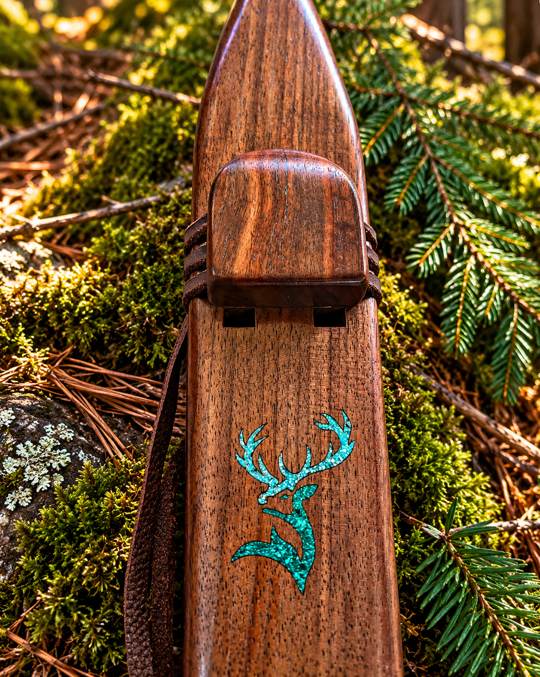 Close-up of turquoise and malachite stag inlay