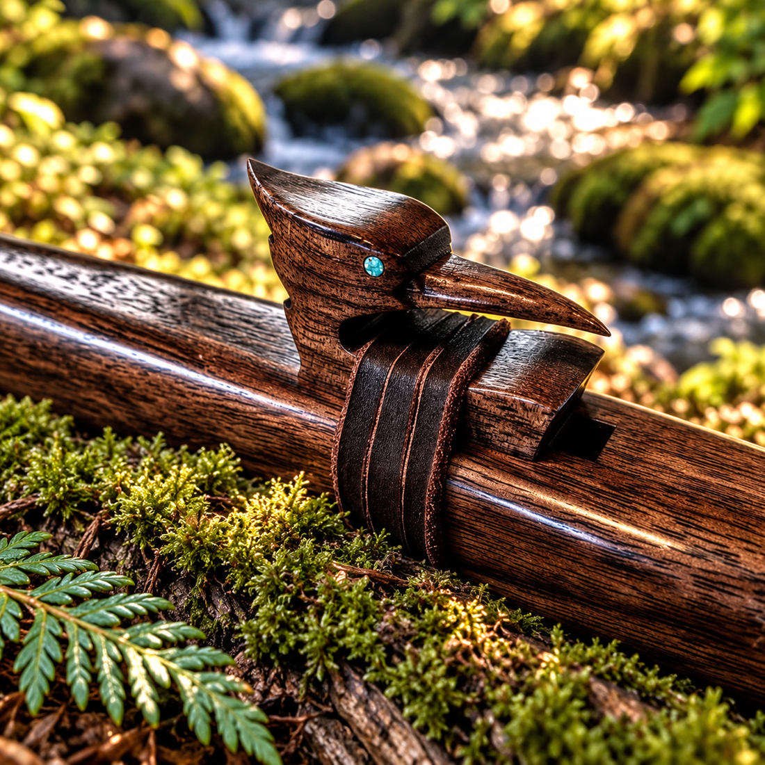 Close-up of carved woodpecker totem with turquoise eye