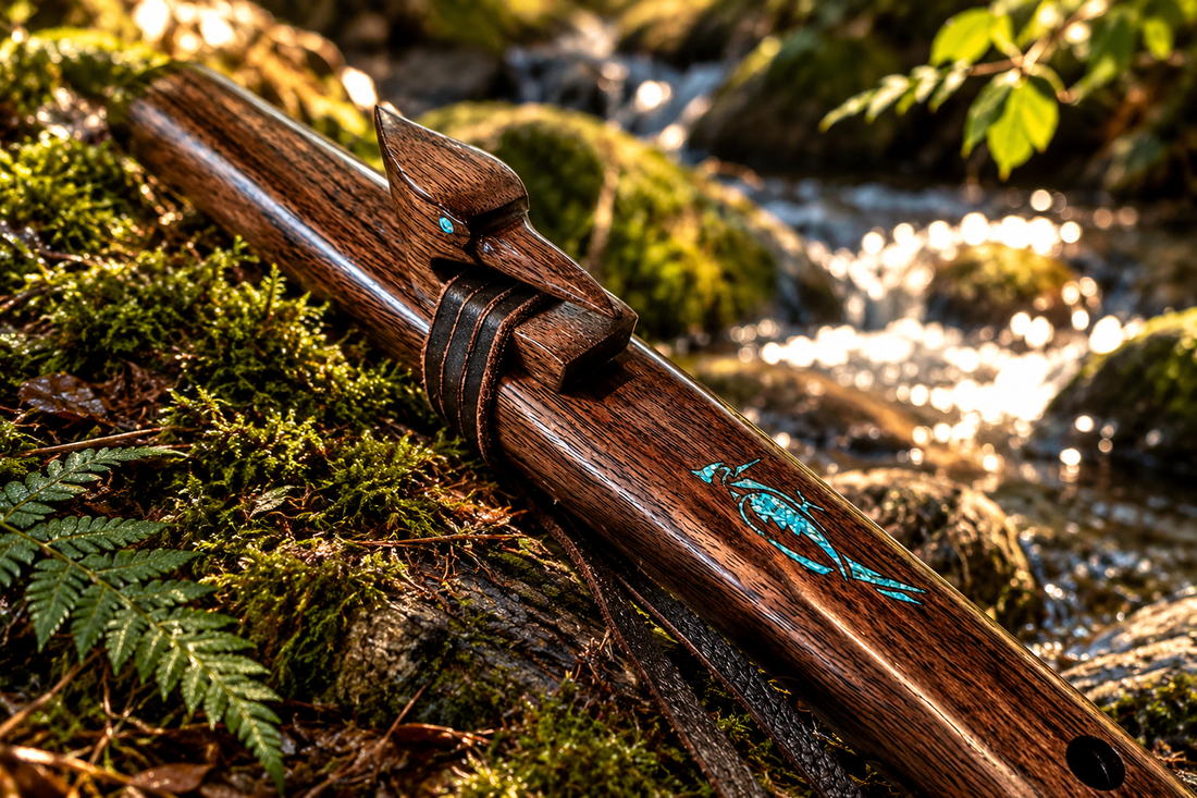 Black walnut woodpecker flute with turquoise inlay resting on moss beside forest creek