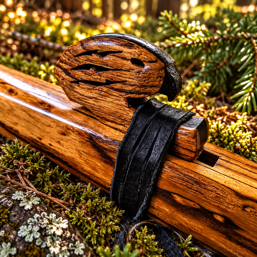 Hawk totem detail on teak flute