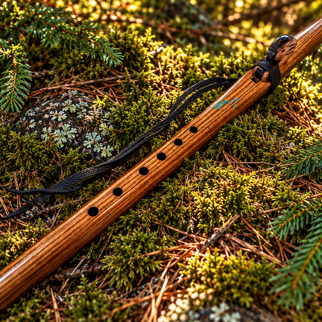 Alternate view of teak hawk flute in forest