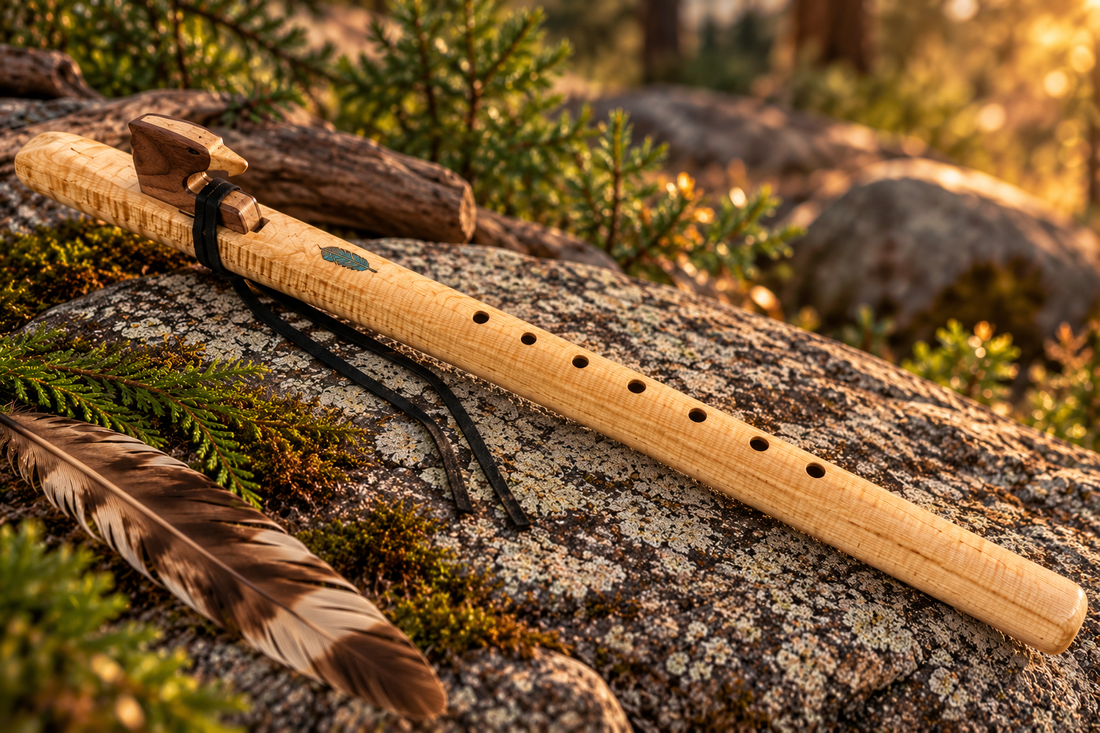 Full figured maple eagle flute on woodland rock