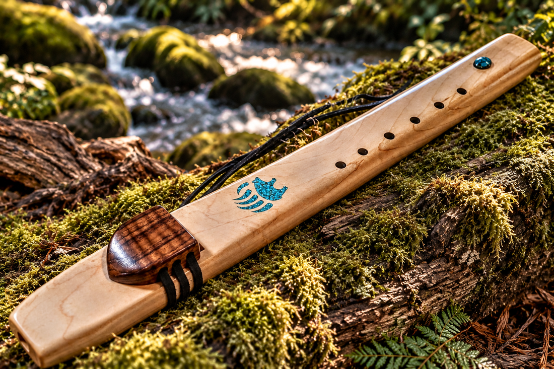Maple flute with optional turquoise inlay on mossy forest log