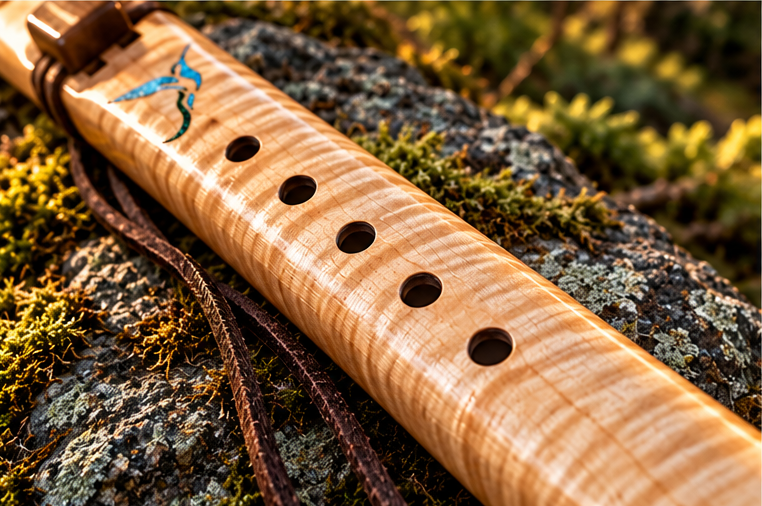 Maple hummingbird drone flute in woodland setting, view 3