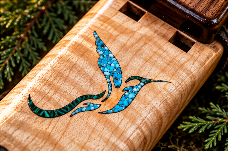 Maple hummingbird drone flute in woodland setting, view 4